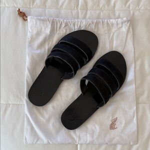 Ancient Greek Sandals black pony hair slides, size 37
